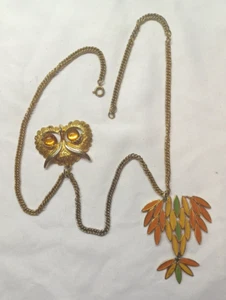 Vtg. Owl Head Pendant Chain & Leaf Enamel Cluster Jewelry Fashion Boho Statement - Picture 1 of 9