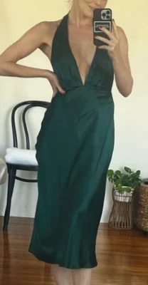 Vestido de cóctel verde esmeralda con cuello en V profundo halter satinado BANNANA REPUBLIC - NUEVO CON ETIQUETAS Foto 1 de 4