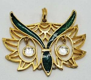Owl Pendent Charm Clear Crystal Glass Dangling Eyes and Green Feathered Crown - Picture 1 of 6
