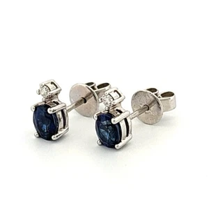 18k White Gold Oval Sapphire Round Diamond Earrings - Picture 1 of 8