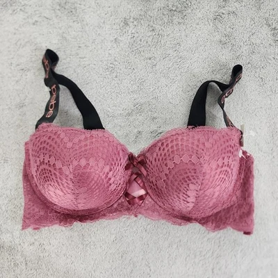 NOVO Sutiã Feminino Bebe Intimates 34C Rosa Mauve Renda Acolchoado Push-Up Alça Larga Logotipo - Imagem 1 de 4