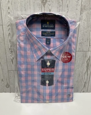 CAMISA DE VESTIR STAFFORD MANGA LARGA ROSA AZUL GINGHAM CUADROS M 15-1/2 34/35 Foto 1 de 4