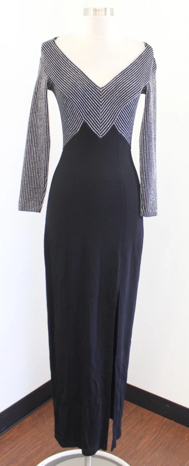 Vtg 90s Tadashi Black Silver Metallic Striped Evening Dress Formal Size XS - Image 1 of 4