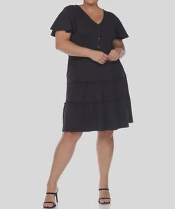 White Mark Women's Black V-Neck Tiered Faux-Button A-Line Dress Plus Size 1XL - Picture 1 of 3