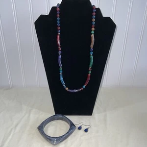 3 Piece Statement Piece, Necklace, Bangle Bracelets, Earrings Marbled Color - Picture 1 of 8