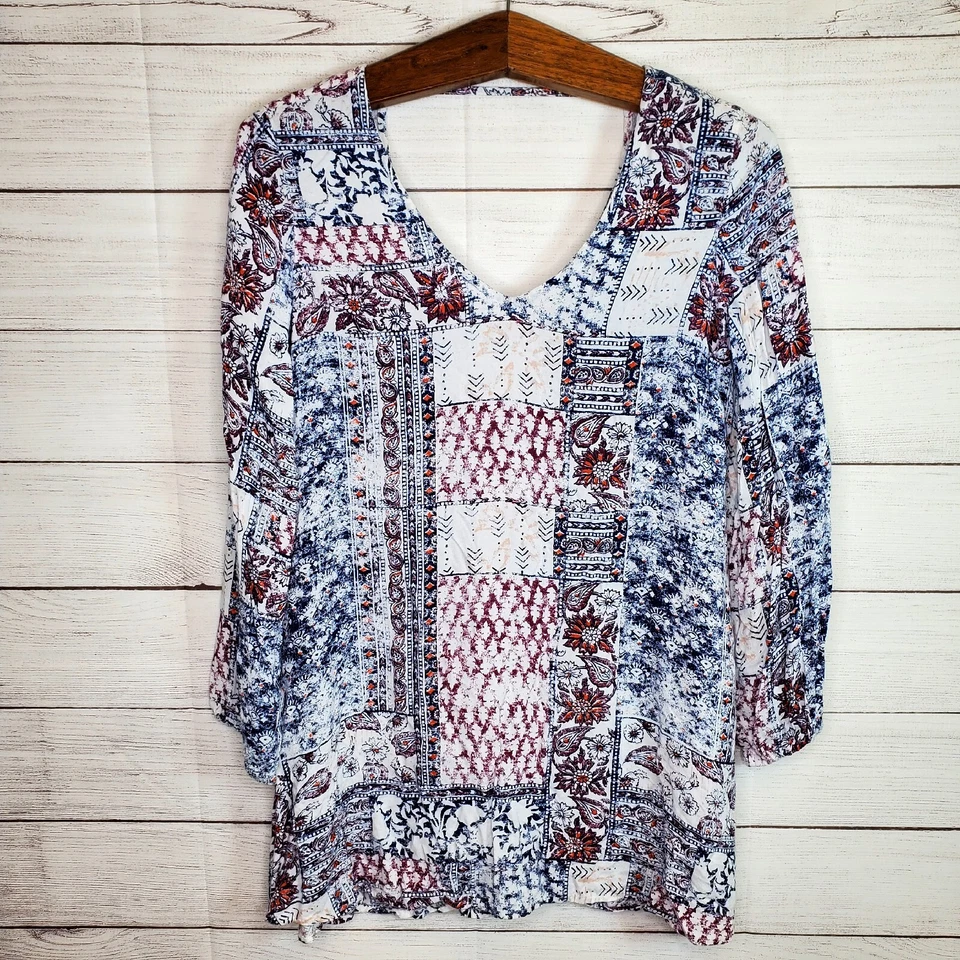 Billabong Womens 3/4 Sleeve Paisley Print Boho Open Back Tunic Top Size XS - Image 1 of 4