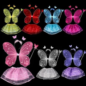 4pcs Set Butterfly Fairy Wings and Wand Set Girls Fancy Dress Dressing Up Party - Picture 1 of 11