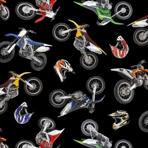 Elizabeth Studio In Motion Black Dirt Bikes 100% Cotton Fabric by the yard - Picture 1 of 1