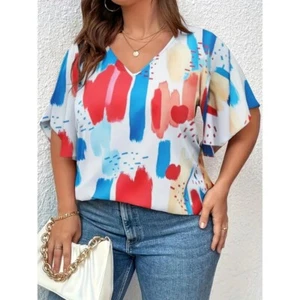 New Plus Size Women's Fashion Trend V-neck Printed Short Sleeve Casual Top - Picture 1 of 5