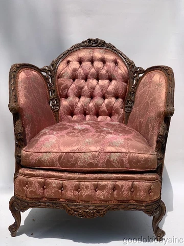 American French Style Ornate Carved Rose Pink Upholstered Chair  w/ Tufted Back Cover