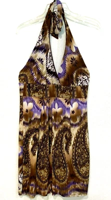 Mini Vestido Charlotte Russe Elástico Halter Marrón y Púrpura Paisley Mujer Grande Foto 1 de 4