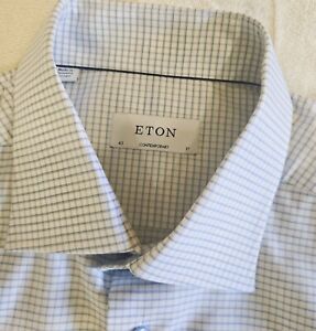 NWT Eton Dress Shirt Size US17 EU43 Slim Fit Contemporary Blue pattern MSRP$270