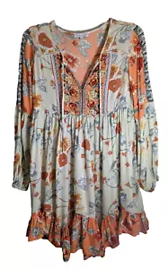 Patrons of Peace Dress Orange Floral Boho Hippie Oversized Asymmetrical Mini XS - Picture 1 of 14