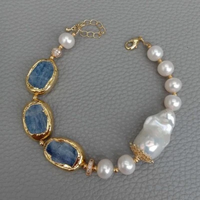 Keshi Pearl Natural Blue Kyanite Bracelet Fashion Fine Handmade Jewelry For Gift - Image 1 of 4