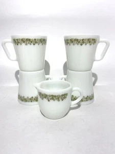 Pyrex Spring Blossom Crazy Daisy D Handle Coffee Mugs 1410 Creamer Set of 4 - Picture 1 of 6