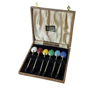 VINTAGE SET OF 6 STERLING SILVER GILT & GUILLOCHE ENAMEL SPOONS BEAN CASED 1950s - Picture 1 of 7