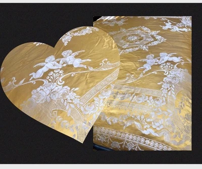 VINTAGE 1950s Italy Trousseau GOLD Satin DAMASK Cherubs Roses FRINGED Bedspread - Image 1 of 4