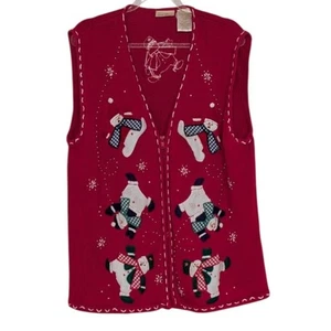 Chaleco Suéter Muñeco de Nieve Vintage Mujer Talla Grande Rojo Cuentas Navidad Cuello en V Cremallera - Imagen 1 de 10