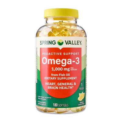 Spring Valley Omega-3 Fish Oil 1000mg Softgels, 180 Ct – Heart & Brain Support - Image 1 of 4