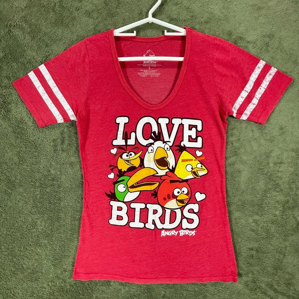 Angry Birds Love S Red Graphic T-Shirt Striped Short Sleeve Retro Gamer Fitted - Image 1 of 4