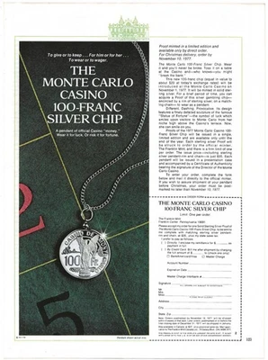 Anuncio impreso vintage Franklin Mint Monte Carlo Casino 100 francos ficha de plata diciembre 1977 Foto 1 de 4