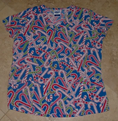 Silky Feel Colorful Candy Canes Christmas Scrub Uniform Top Adult L Large - Image 1 of 2