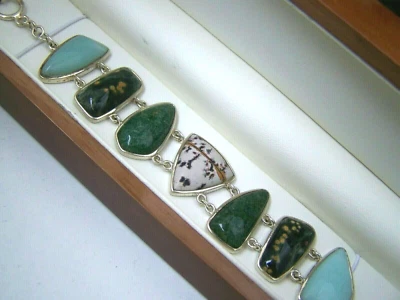 GORGEOUS MODERNIST SOLID 925 STERLING SILVER AGATE BRACELET 7.5" 8" ADJUSTABLE - Image 1 of 4