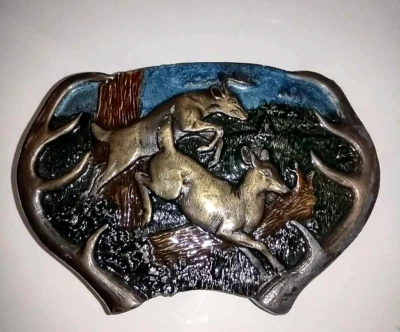 Vtg 1977 Bergamot Brass Works Deer Buck & Doe Belt Buckle Y-144  - Image 1 of 4
