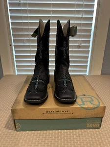 Roper Boots Ladies Black Faux Leather Blue Crystal Cross Faith Cowgirl NIB - Picture 1 of 12