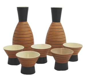 Sake Service MCM 2 Bottles 5 Cups Peach Black Gold Stripes NICE - Picture 1 of 7