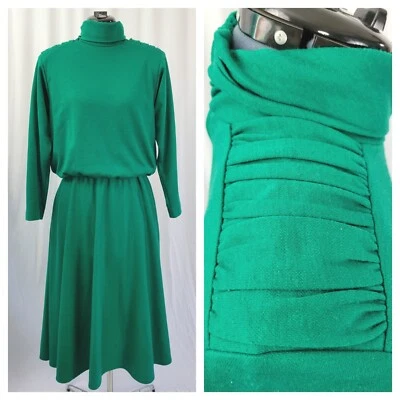 Vintage Jessica Howard Green Acrylic Knit Blouson Dress w Turtleneck Size M? - Image 1 of 4