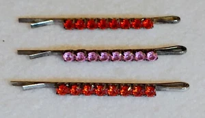 Vtg-set of 3 -Hair Bobby Pins-Line of Pink & Red Faux Rhinestones- 2 1/2 in LG - Picture 1 of 7