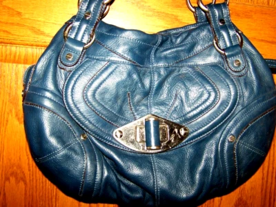 B MAKOWSKY Slate Blue Leather Satchel Silver metal turnlock magnet Organizer BAG - Image 1 of 4