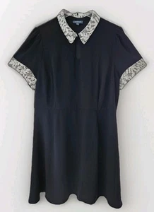 Modcloth Fit & Flare A Line Dress 20 Black Ivory Lace Trim Collar Short Sleeve - Picture 1 of 13