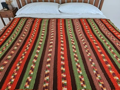 Cobertor de malha feito à mão afegão listra marrom verde laranja 80 x 52 vintage - Imagem 1 de 4