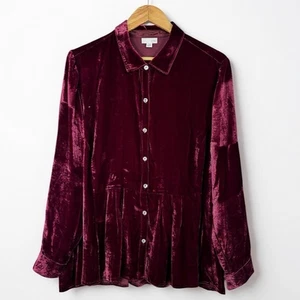 J. Jill Top Velvet Button Up XL Petite Silk Rayon Collar Burgundy Luxury Vampire - Picture 1 of 10