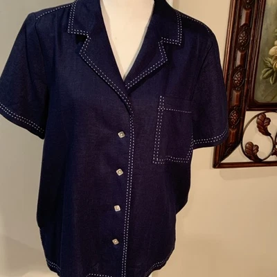 Новый с Ярлыками Susan Graver темно-синий льняной коротким рукавом блузка на пуговицах белый шов средний - Изображение 1 из 4