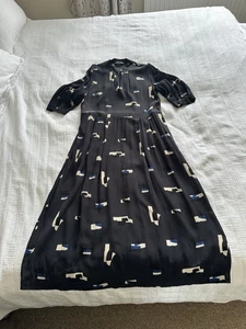 Toast Navy Blue Black Ivory Crepe Midi Dress Size 12 Pockets Viscose - Picture 1 of 18