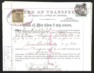 Cape of Good Hope 1891 Deed of Transfer Full Document with 2 Revenues - Picture 1 of 2