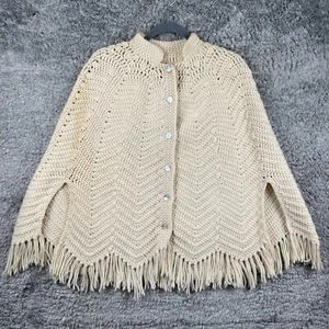 Vintage Häkel Button Down Poncho Schal Elfenbein Fransen Boho - Bild 1 von 7