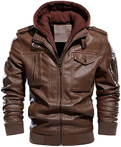 Mens Casual  Winter Hooded Motorcycle Biker Brown Genuine Leather Jacket - Picture 1 of 4
