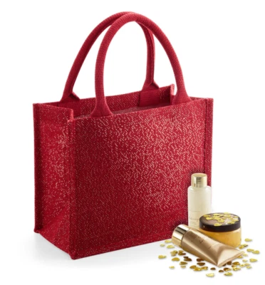 Small Hessian Jute Gift Bag Gold Shimmer Birthday Christmas Present Carry Bags  - Image 1 of 4