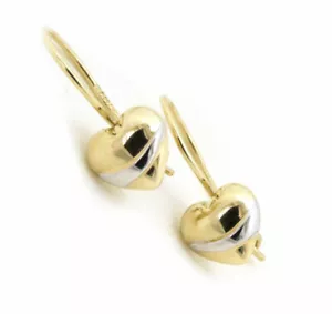 Ridged Puffed Heart Dangle Drop Earrings Lever Back Real 14K Yellow White Gold - Picture 1 of 1