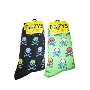 Foozys Totenkopf + gekreuzte Knochen Fun Crew-Socken Damen/Mädchen 2 Paar - 1 schwarz + 1 grün - Bild 1 von 1