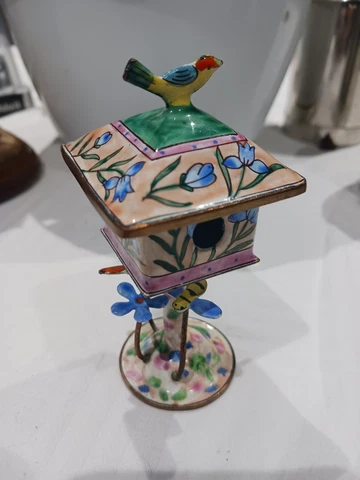 Rare Vintage Kelvin Chen Miniature Handpainted Enamel Copper Birdhouse Trinket B Cover