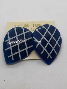 NOS 80's Blue Lucite Pierced Earrings Teardrop Raindrop With White Lines - Picture 1 of 7