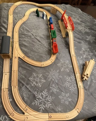 Melissa & Doug Swivel Bridge Wooden Train Set 52 pc Railway Tunnel Cars - Image 1 of 4