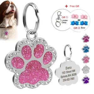 Personalised Dog Tags Rhinestone Bling Glitter Dog Paw Name Engraving Free Bows - Picture 1 of 17