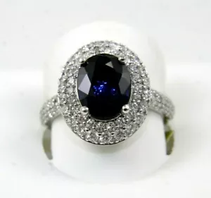 Natural Oval Blue Sapphire & Diamond Halo Solitaire Ring 14k White Gold 3.93Ct - Picture 1 of 7