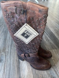 Frye Jenna Studded Distressed Brown Leather tall Engineer Biker Boots Sz 11 NWT - Picture 1 of 12